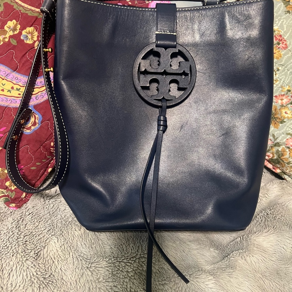 Tory Burch Blue Shoulder Bag with Embossed Logo